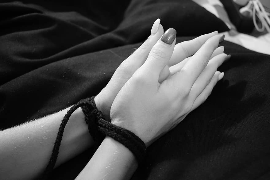 mâini, frânghie, negru, legat