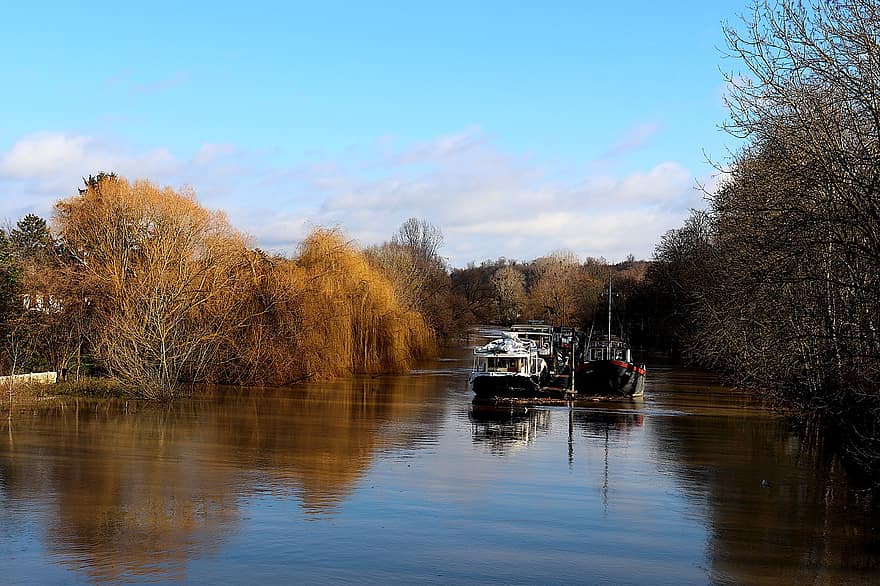 rivier-, boten, bomen, bank, reflectie, water, toneel-, natuur, haven, aken, Seine