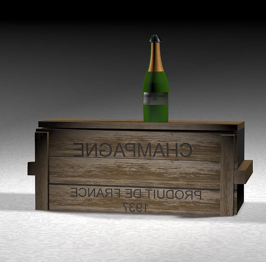 シャンパン、ボトル、ボックス、木材、スパークリングワイン、ドリンク