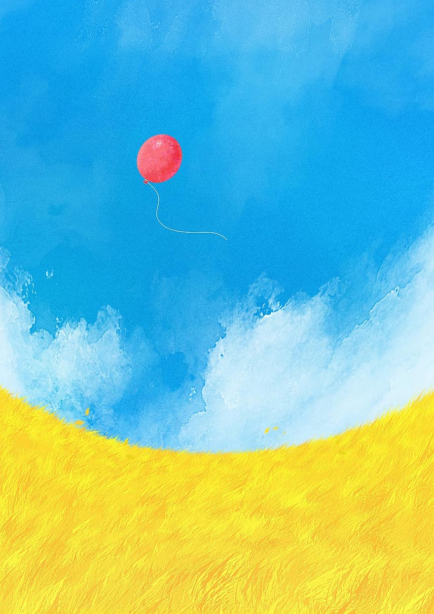 kreatywność, wyobraźnia, Fantazja, bajka, balon, pole pszenicy, wiatr, szeroki kąt, niebieskie niebo, niebieska fantazja, niebieskie pole