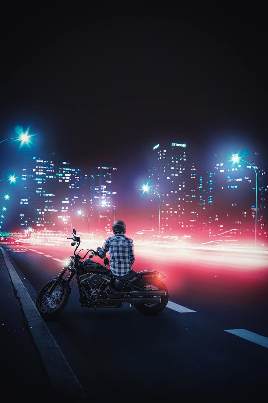 motocicleta, hombre, motorista, luces de la calle, la carretera, ligero, color, al aire libre, calma, paisaje