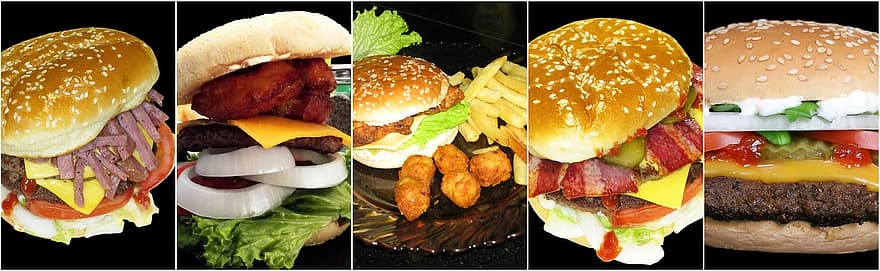 Burger, Hamburger, Collage, Fotocollage, Lebensmittel, Mittagessen, Mahlzeit, Abendessen, Sandwich, Cheeseburger, köstlich