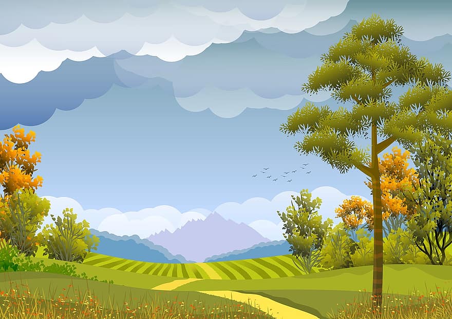 ilustración, fondo, papel pintado, paisaje, naturaleza, cielo, nubes, arboles, rural, campo, verde