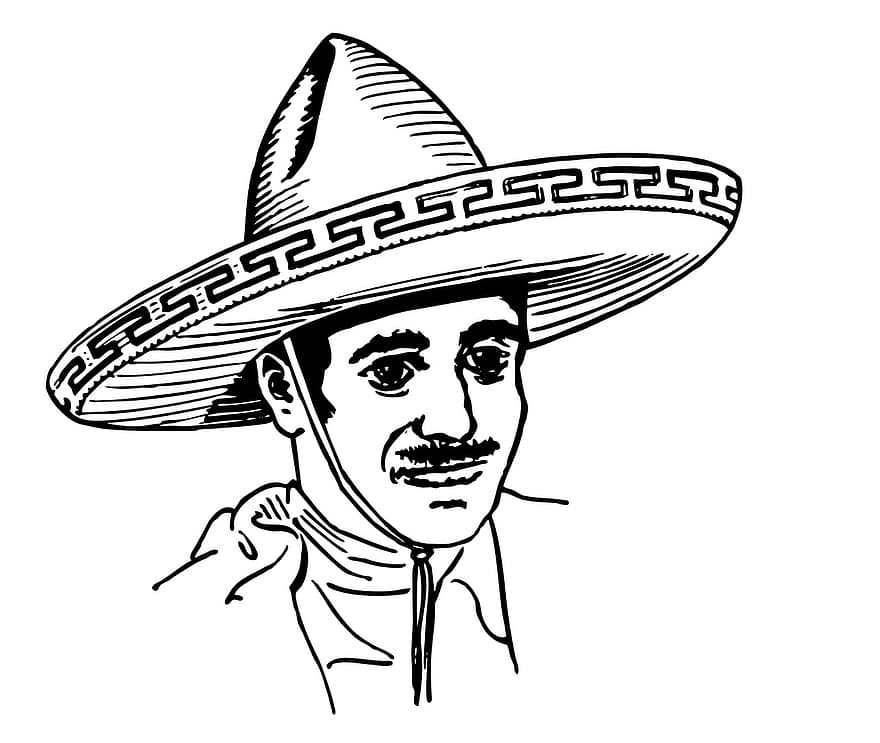 आदमी, चौड़े किनारे की एक प्रकार की अँग्रेज़ी टोपी, टोपी, मैक्सिकन, पोशाक, हिस्पैनिक, लैटिन, पुरुष, मूंछ, परंपरागत, कला