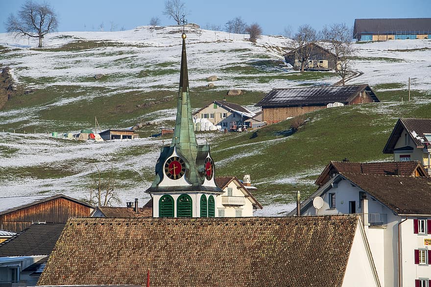 Sveits, by, landsby, vinter, årstid, Morschach, tak, snø, kristendom, fjell, arkitektur