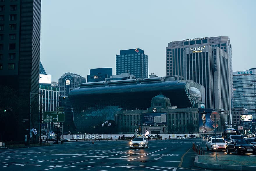 сграда, небостъргач, град, силует, панорама, архитектура, Финансов център в Сеул, градски пейзаж, градски, в центъра, пътуване