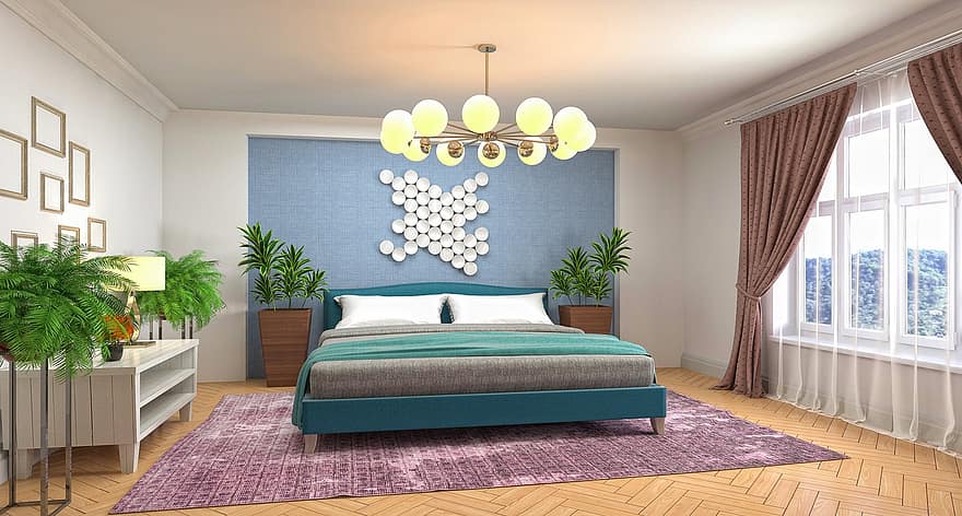 hálószoba, belsőépítészet, 3d renderelt, 3D-s renderelés, szoba, szobabelső, hálószoba belső, dekoráció, lakberendezési tárgyak, bútor, elegáns