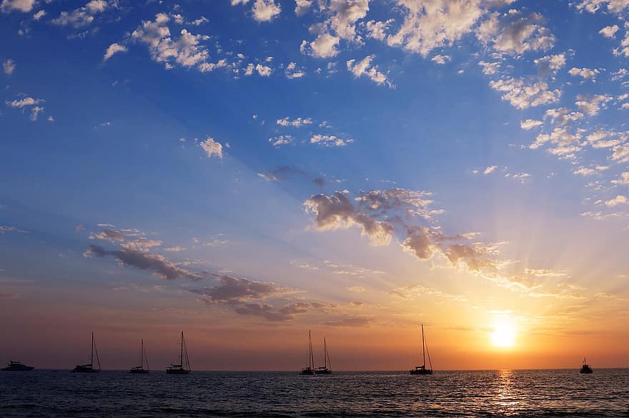 zonsondergang, boten, schilderij met veel lucht, cloudscape, zee, oceaan, silhouet, hemel, zeilboot, zeil-, Sailin