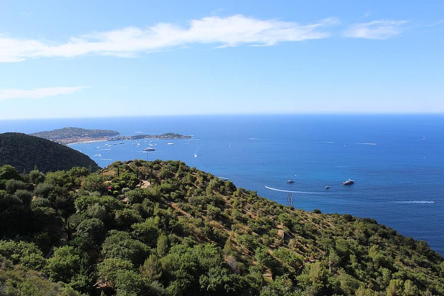 Монако, берег, море, панорама, гора, деревья, береговая линия, горизонт, небо, природа