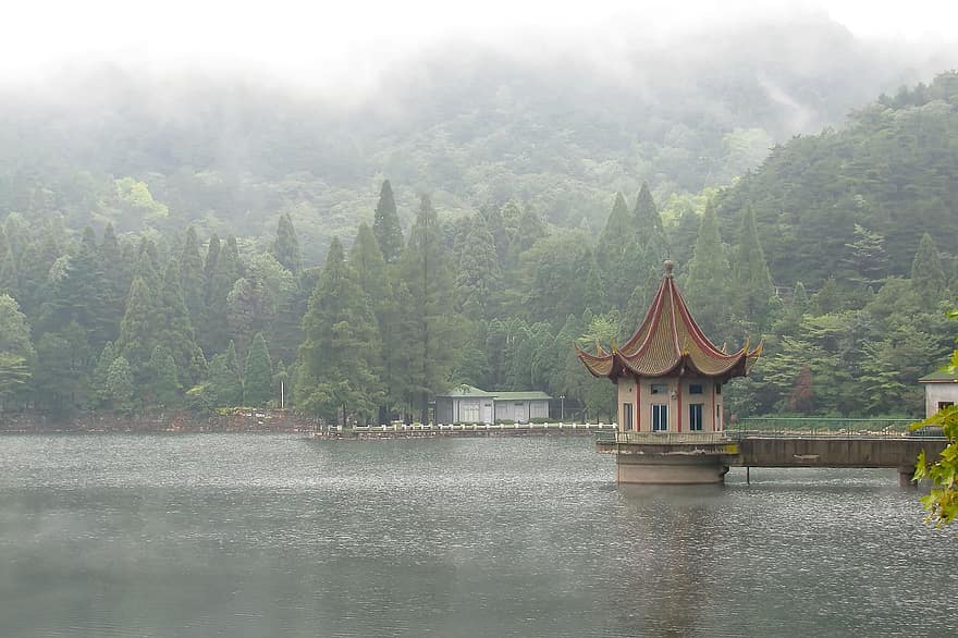 lago, pagoda, muelle, puente, edificio, arboles, bosque, Reed Harp Lake, agua, Pabellón Huxin