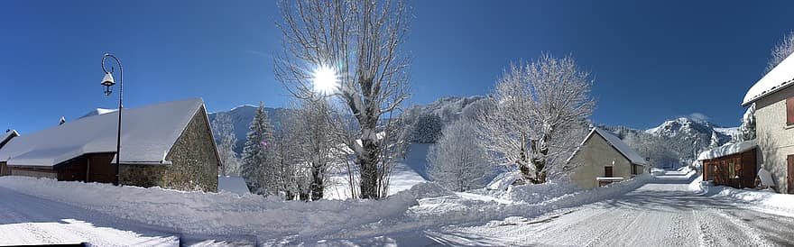 pueblo, invierno, temporada, naturaleza, al aire libre, rural, nieve, montaña, paisaje, azul, hielo