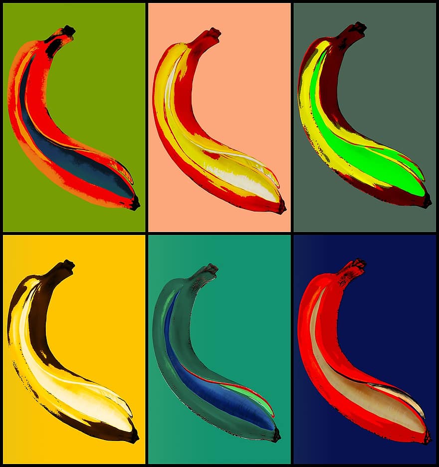 banán, pop art, rajz, ábra, többszínű, gyümölcs
