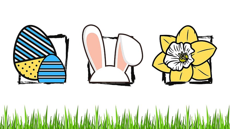 Pasqua, targeta de pasqua, conill de Pasqua, Campana de Pasqua, ous de Pasqua, multicolor, de colors, art, herba, il·lustració, flor