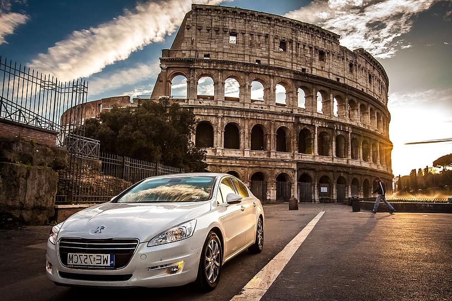 cotxe, viatjar, turisme, peugeot 508, Roma, Coliseu, automàtic, lloc famós, arquitectura, transport, història