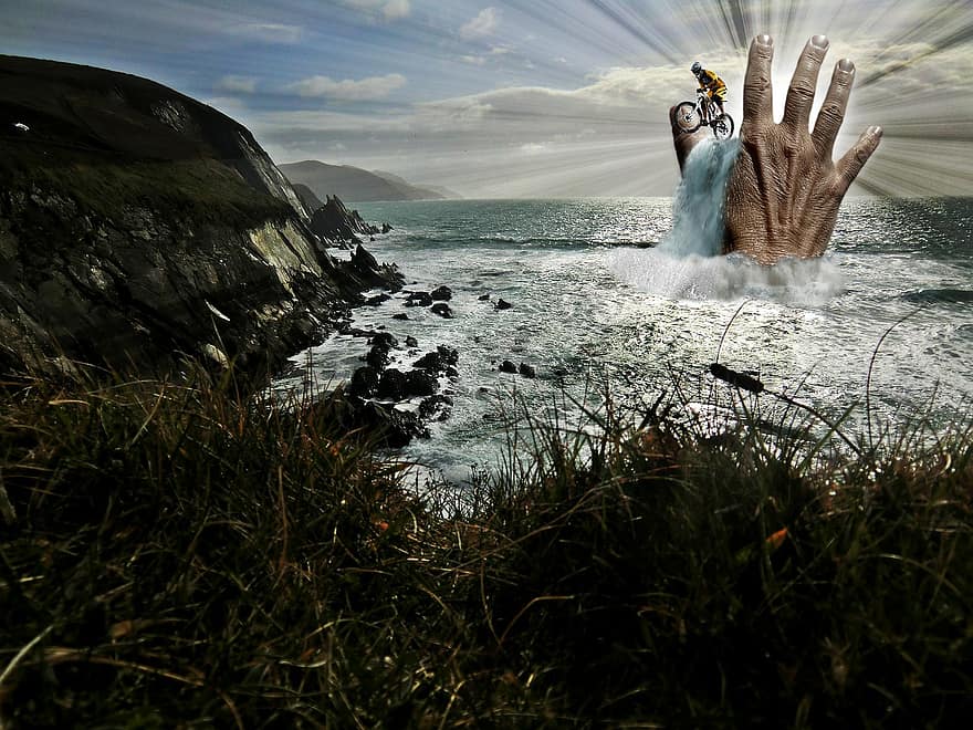 photoshop, composição, mão, costa, Irlanda, surreal, mar, falésias, bicicleta de montanha