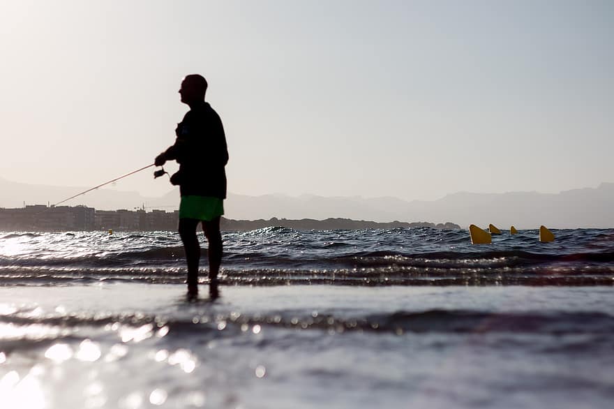 Man, Fishing, Beach, Silhouette, Sunset, Sunlight, Leisure, Activity, Fishing Rod, Sea, Ocean
