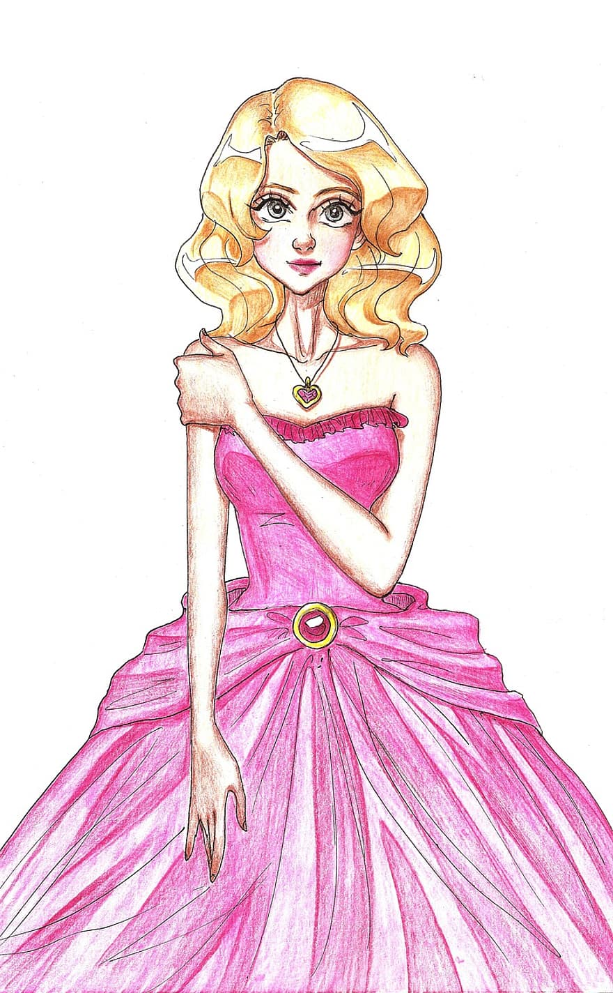 jonge vrouw, een prinses, meisje, tekening, roze, jurk, blond, model-, vrouw, mode, illustratie
