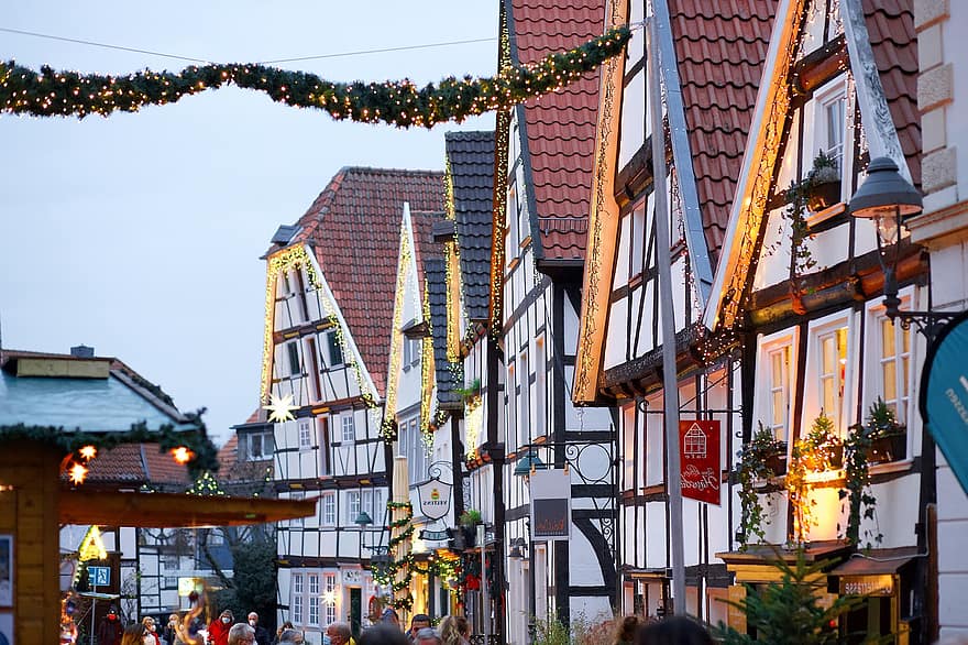 Duitsland, winter, Kerstmis, soest, straat, architectuur, nacht, verlicht, Bekende plek, culturen, buitenkant van het gebouw