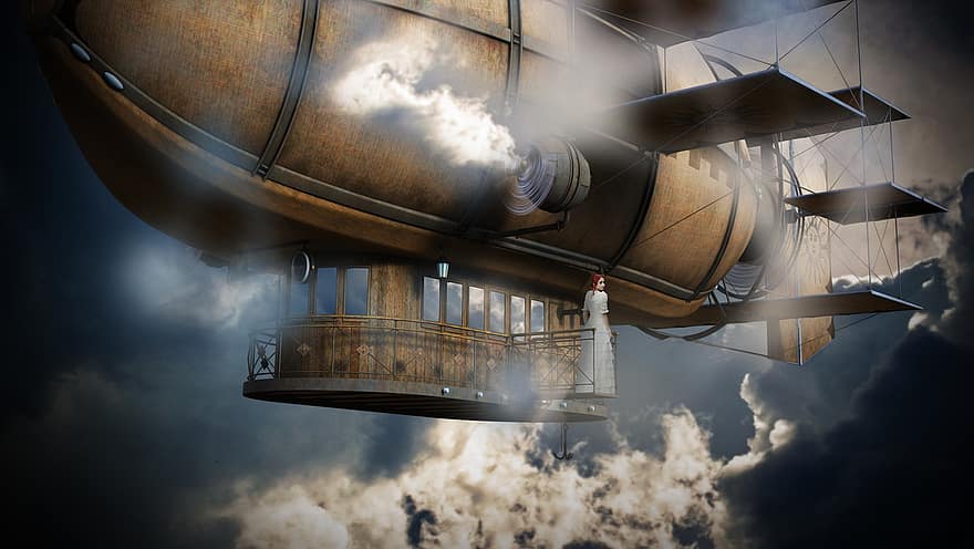 zeppelinas, orlaivis, mergina, debesys, sparnai, steampunk, suknelė, 3d, kelionė, fantazija, režimas