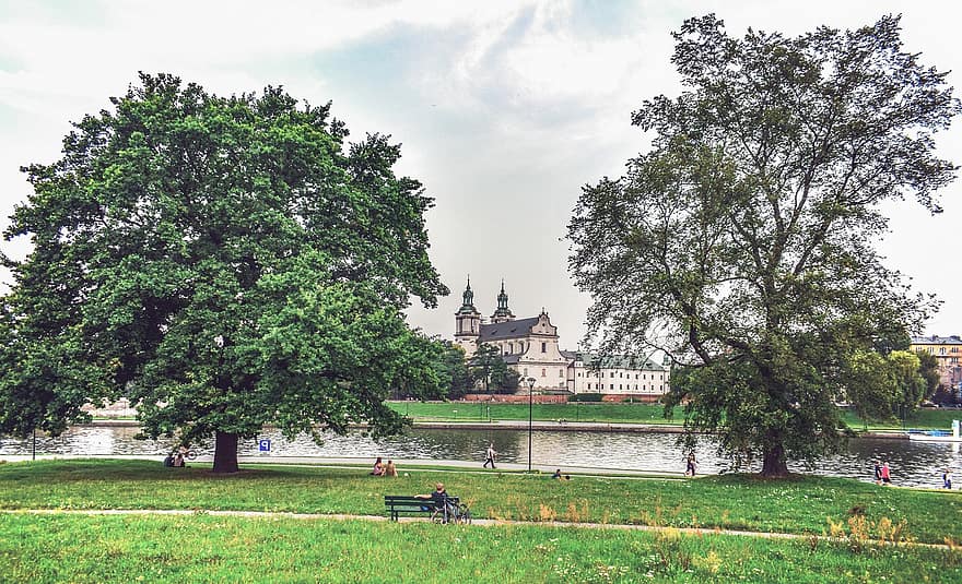 krakow, polen, parkera, träd, flod, landskap, arkitektur, känt ställe, kristendom, religion, historia