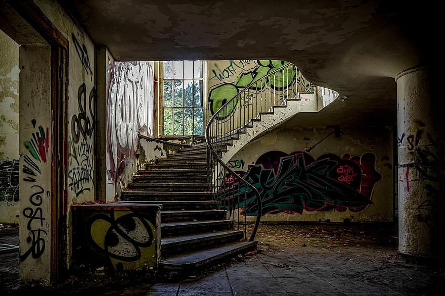 escadas, decair, abandonado, estágios, arquitetura, grafite