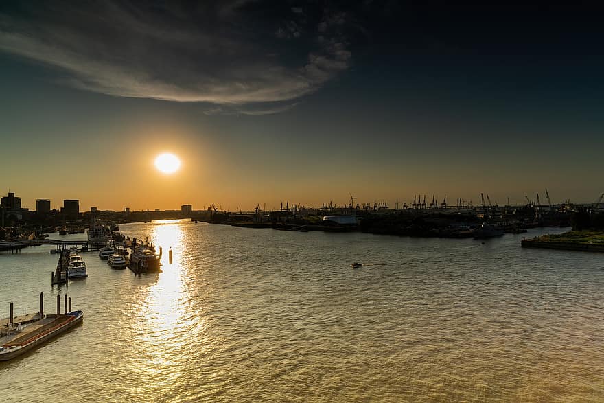 západ slunce, Hamburg, Německo, přístav, voda, lodí, přímořská krajina