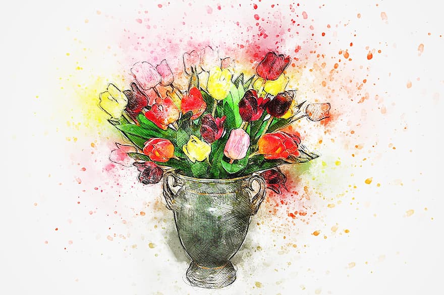 blomst, buket, tulipaner, kunst, abstrakt, akvarel, årgang, natur, romantisk, emotion, kunstnerisk