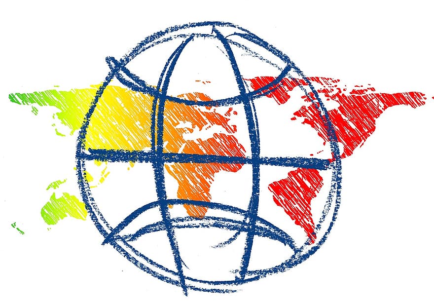wereldbol, wereld-, continenten, schetsen, aarde, tekening, patroon, kleurrijk, grafisch, Internationale