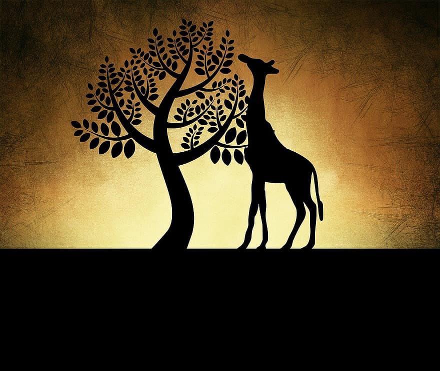 dier, giraffe, natuur, boom, zonsondergang, silhouet, ontwerp, artwork, tekening, illustratie, achtergronden