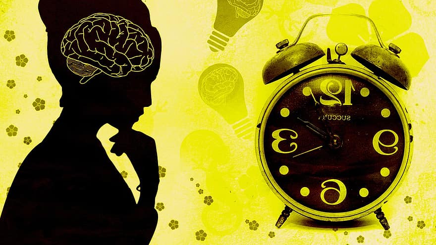 žena, myslící, čas, hodiny, budík, lidský mozek, mysl, mozek, myšlení, duševní, psychologie