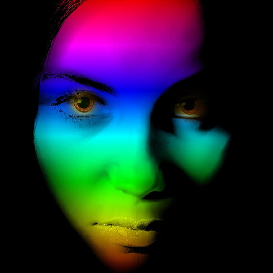 sieviete, sejas, krāsa, varavīksne, skats, mistisks, portrets, acis, mutē, lūpas, ādu