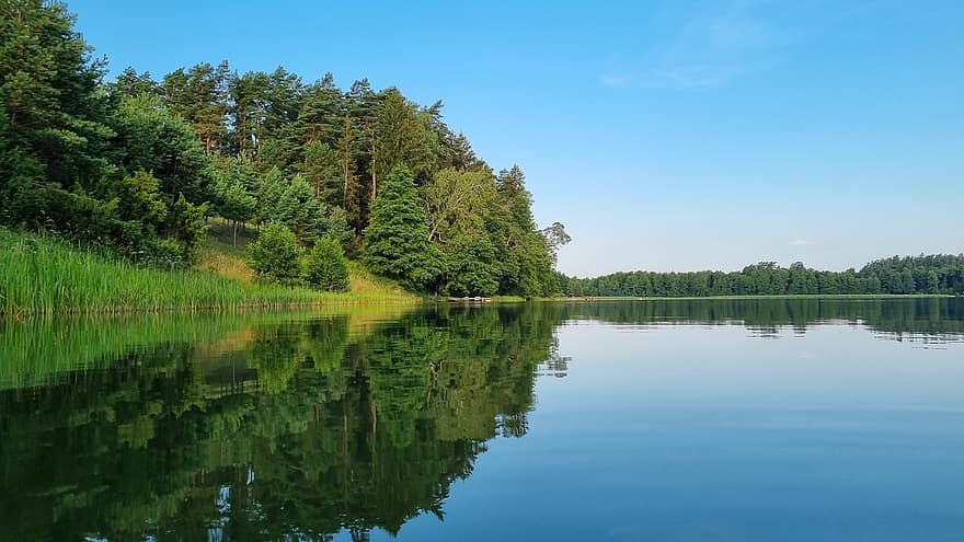 lac, pădure, natură, vară, copac, Culoarea verde, peisaj, albastru, apă, reflecţie, rural