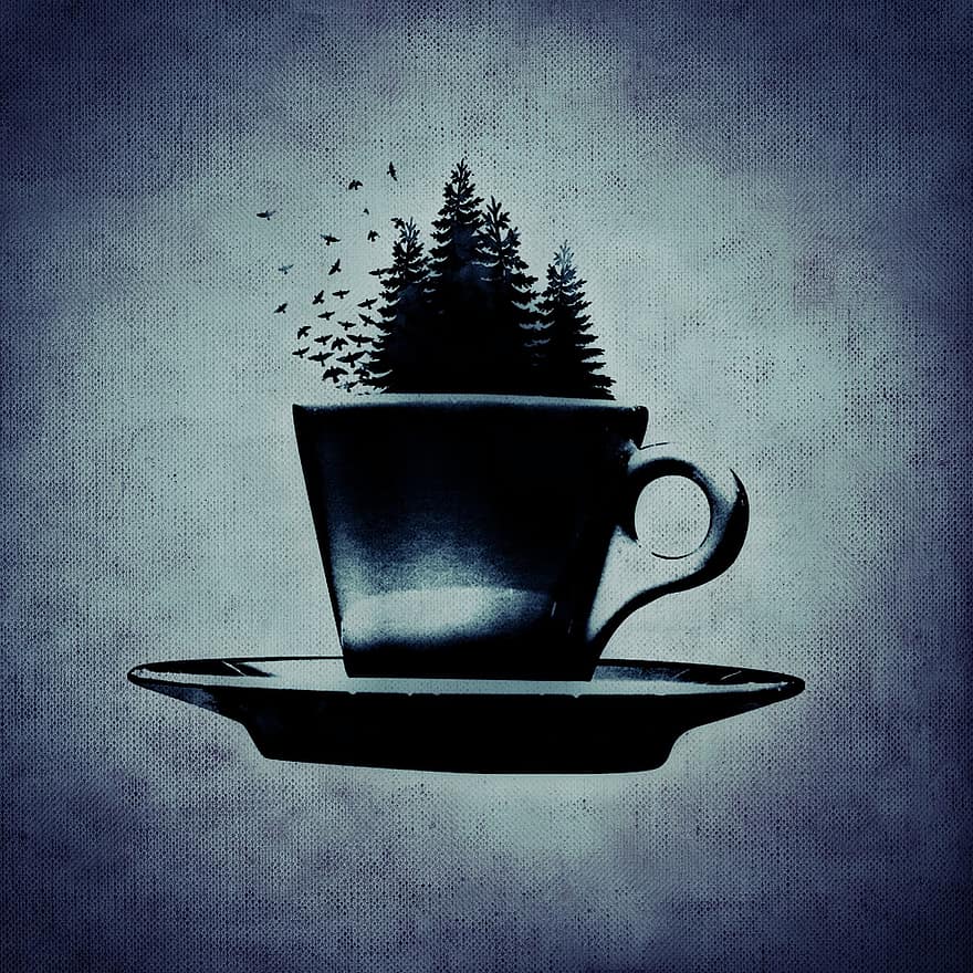 pohár, káva, kávový šálek, nadreálný, stromy