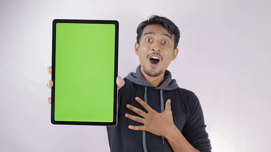 Tablet, Display, Screen, Green Screen, Surprise, Expression