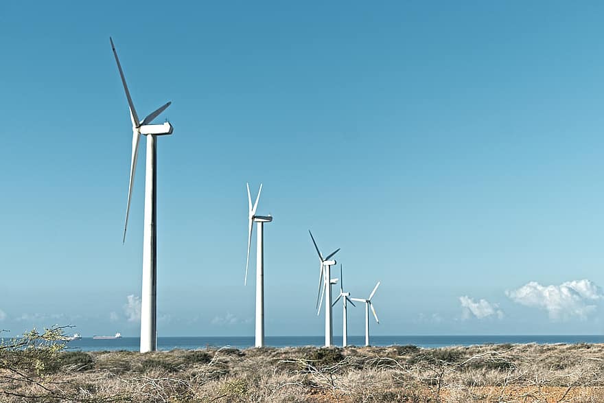 vėjo malūnai, pakrantėje, jūros, Vėjo turbina, vėjo energija, elektros energijos, horizonto, pajūrio, eolic, guajira