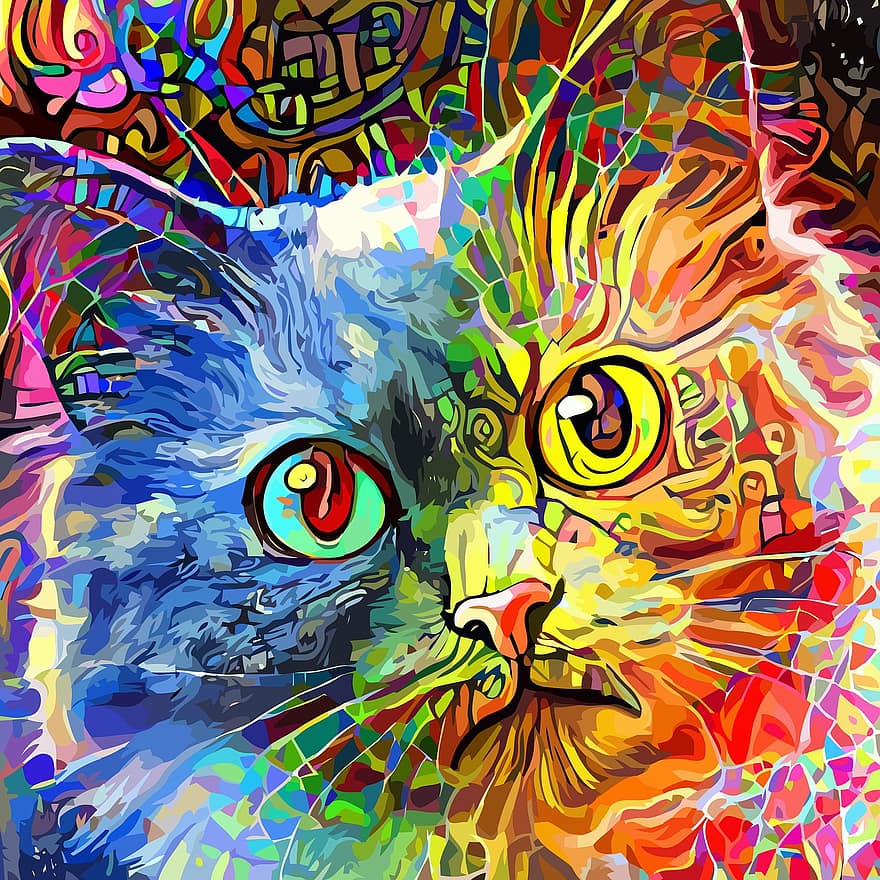 katė, tabby katė, spalvinga, naminių gyvūnėlių, gyvūnas, žinduolių, portretas, tapyba, impresionizmas, santrauka, geometrinis