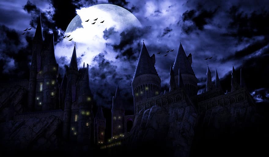 castell, cel, ombra, nit, fosc, Halloween, arquitectura, fantasmal, horror, vell, estil gòtic