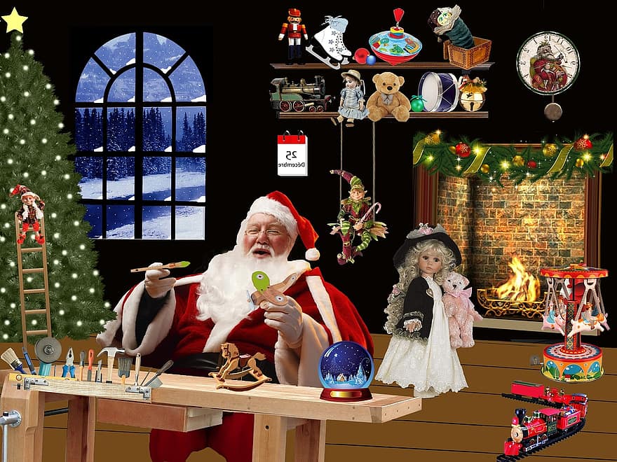 dílna, Otec Vánoc, santa, sníh, Okna, Vánoce, krb, hodiny, panenky, vinobraní, hračky
