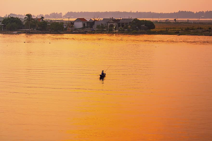 zachód słońca, Łódź rybacka, jezioro, laguna, woda, Wędkarstwo, łódź, Wybrzeże