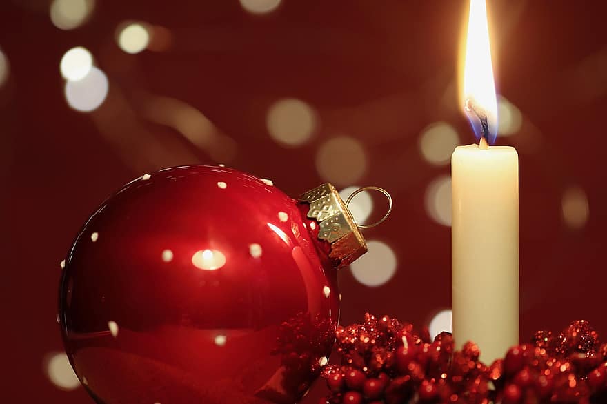 candela, Natale, lume di candela, fiamma, palla di Natale, decorazioni natalizie, ornamento di Natale, decorazione, arredamento, bokeh