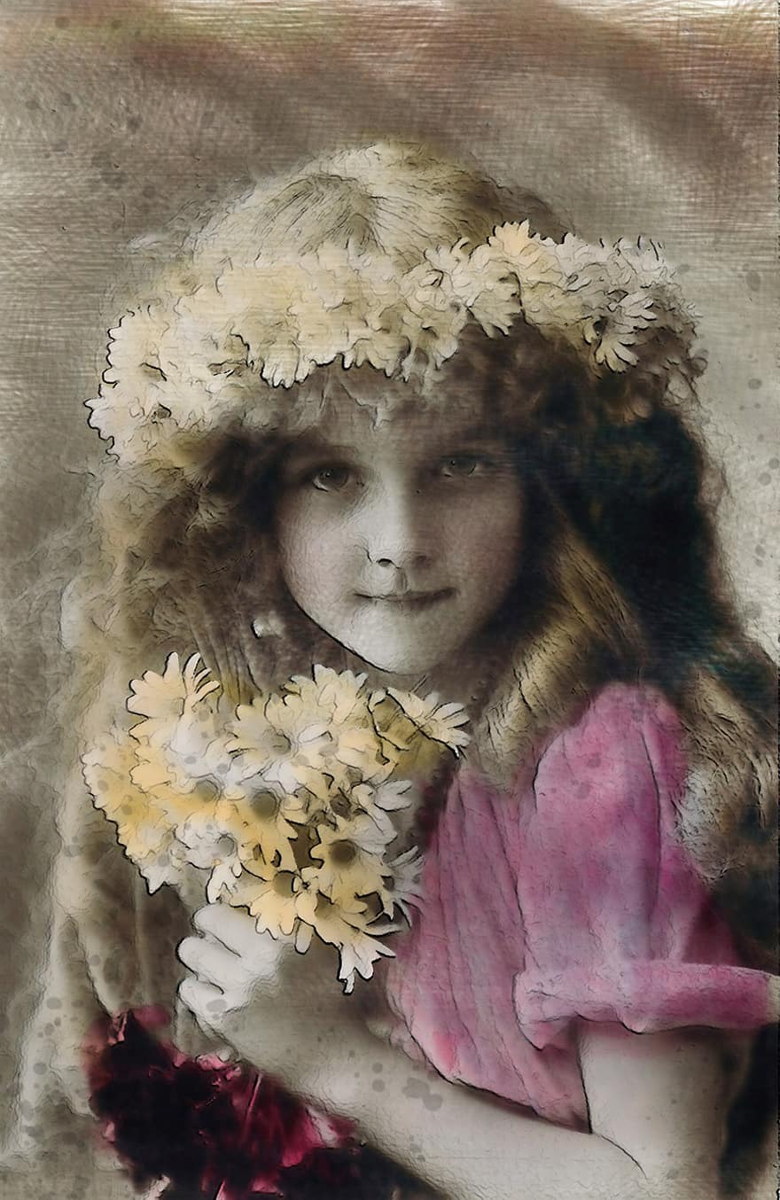 Onthoud overzichtsdagen, jong, meisje, jeugd, bloem, roze, ongeveer, 1907, 1915, digitaal, foto