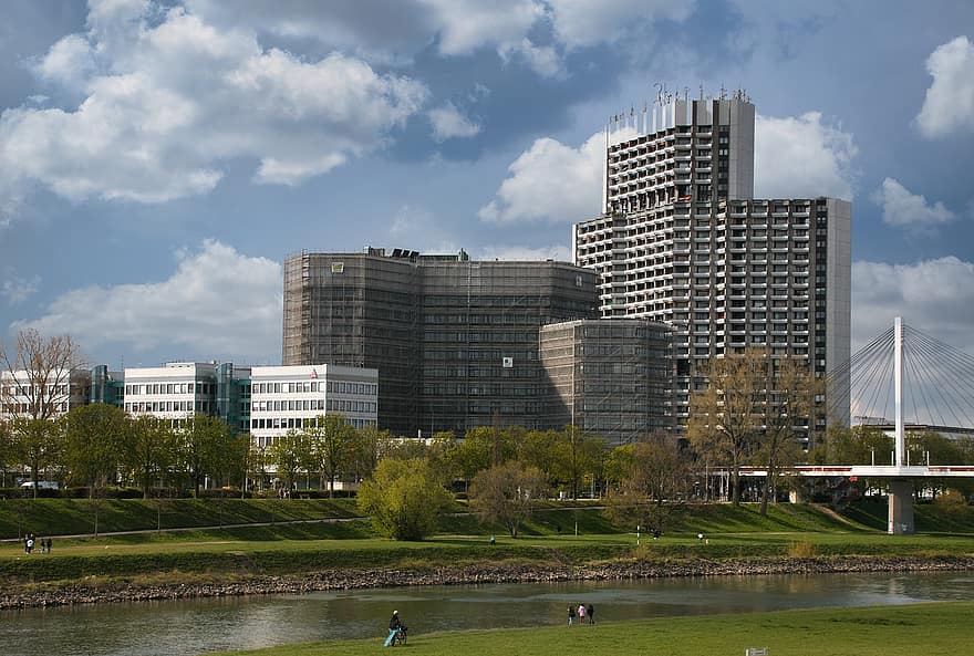 Mannheim, Neckar, Buildings, Bridge, River, Germany, City, Architecture, Skyline, Cityscape