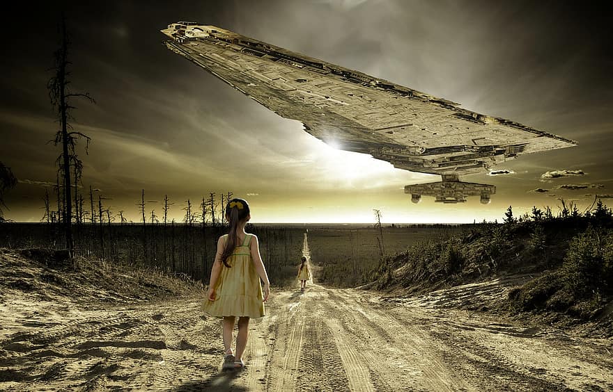 criança, estrada, nave espacial, fotomontagem, ufo, menina, garotinha, caminhar, caminho, futurista, tipo