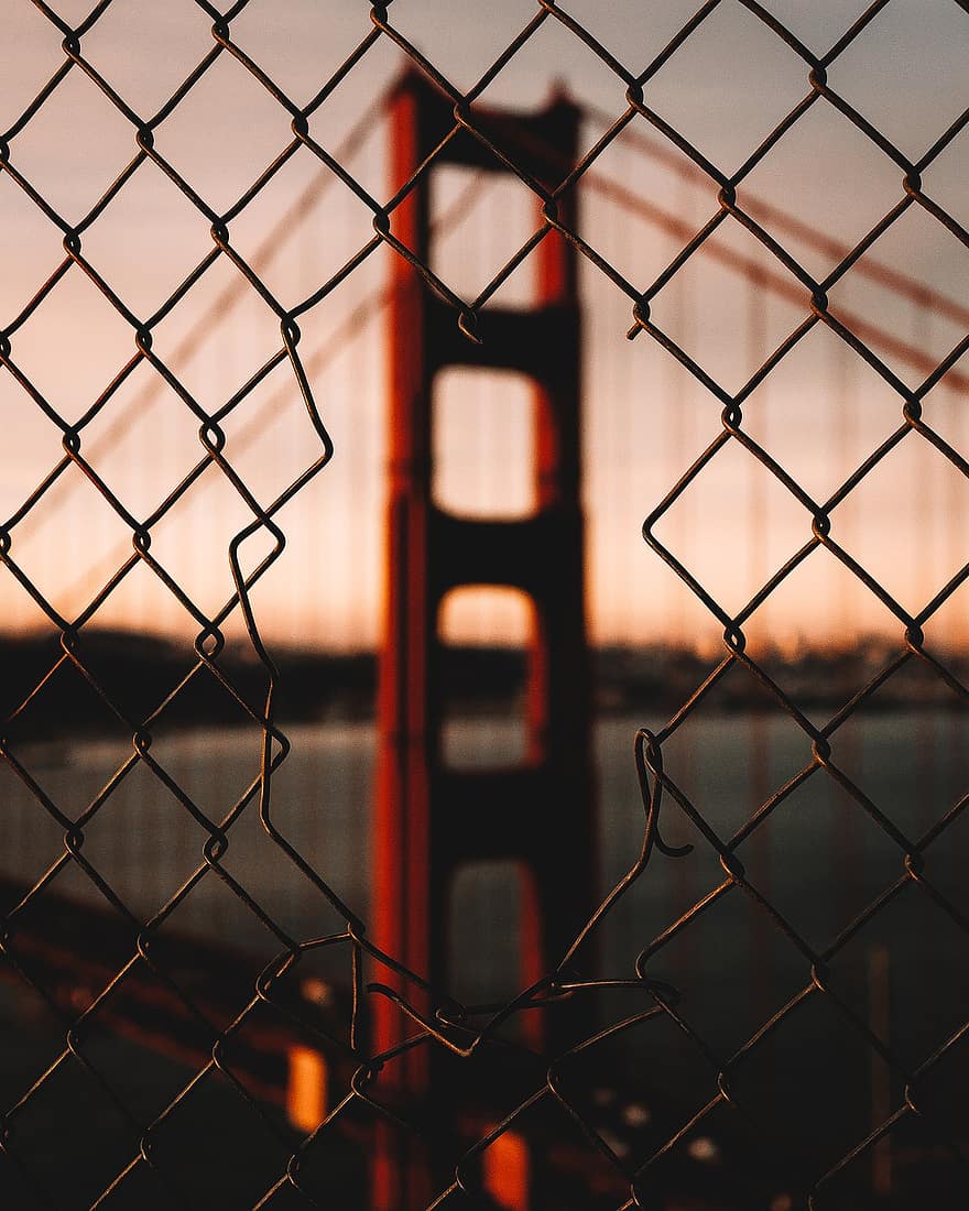 San Francisco, Golden Gate Bridge, Sunset, California, fence, steel, metal, dusk, bridge, iron, water