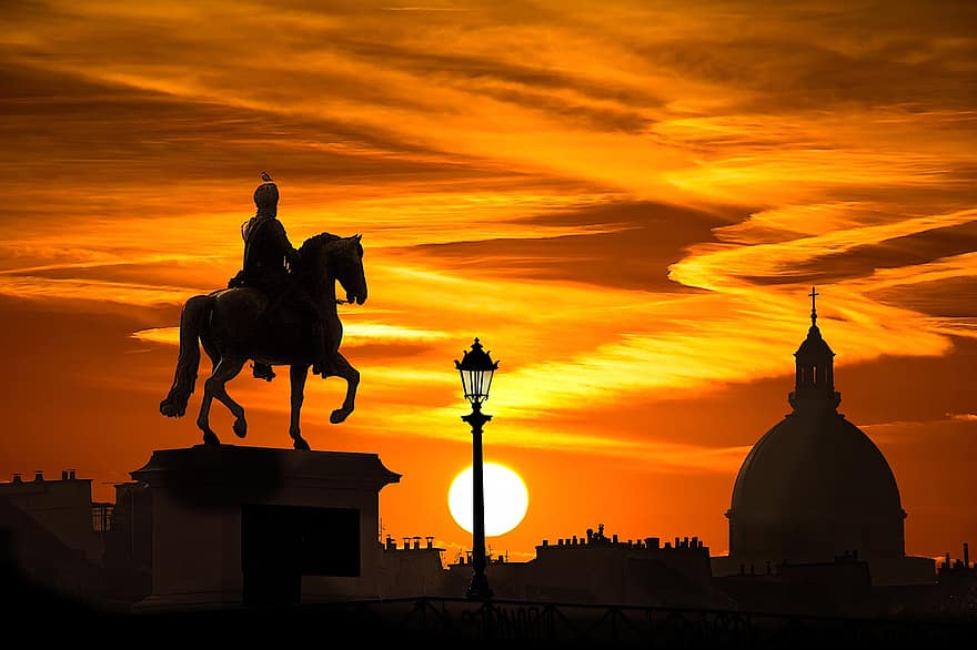 le coucher du soleil, monument, silhouette, bâtiment, dôme, architecture, statue, Urbain, ville, paysage, Paris