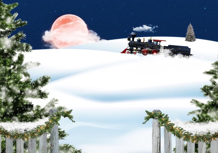 medis, Kalėdos, lokomotyvas, scenoje, šventė, sniegas, fantazija, žiemą, mėnulio šviesa