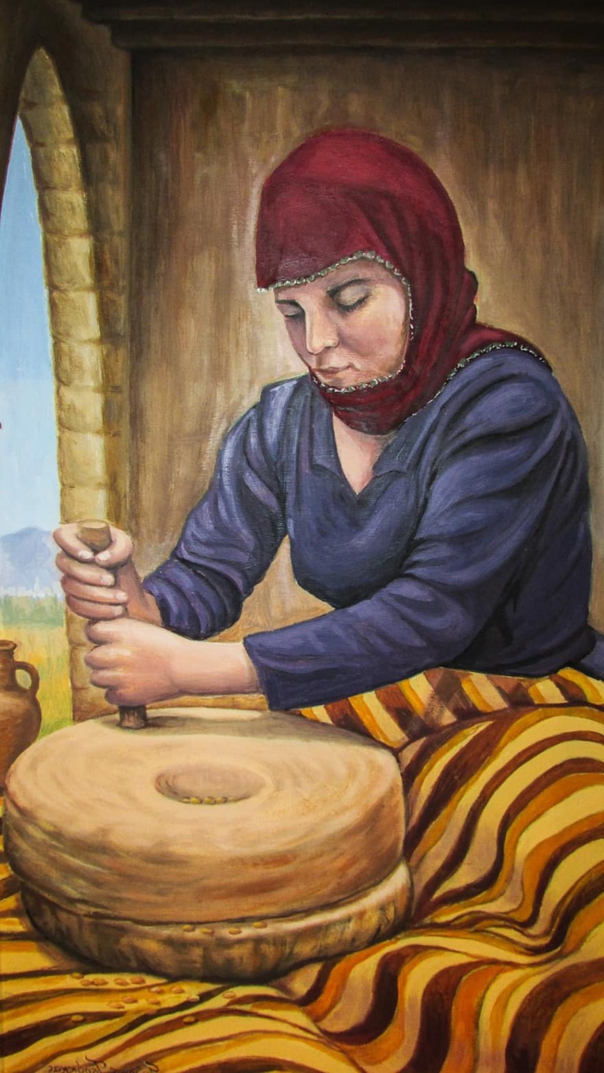 Кіпр, пекарня, Подрібнити пшеницю, традиційний, живопис, хліб, їжа, пшениця, деринія, музей фольклору