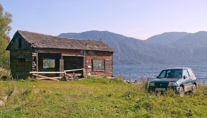 autó, kabin, tó, hegyek, motorbicikli, fű, istálló, Altai, természet, vidéki táj, nyári