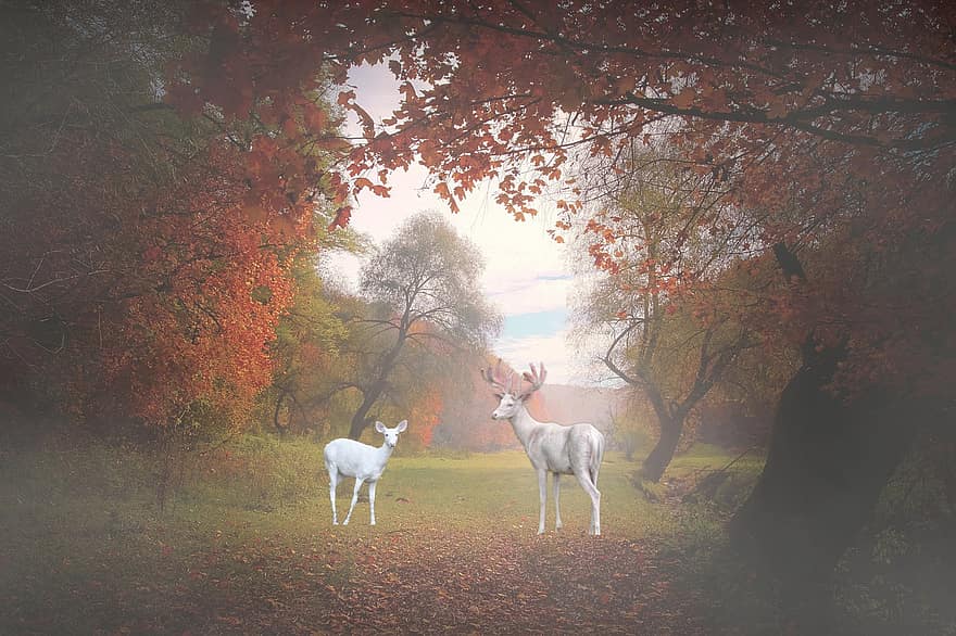 fondo, ciervo, bosque, niebla, fantasía, brumoso, calina, fotomontaje