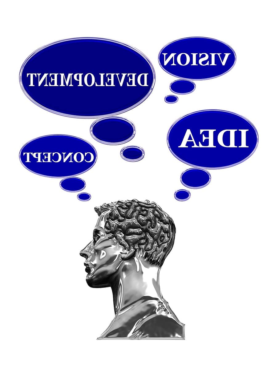 tête, homme, visage, cerveau, bobines, pense, pensées, développement, Idée d'affaires, idée, présentation